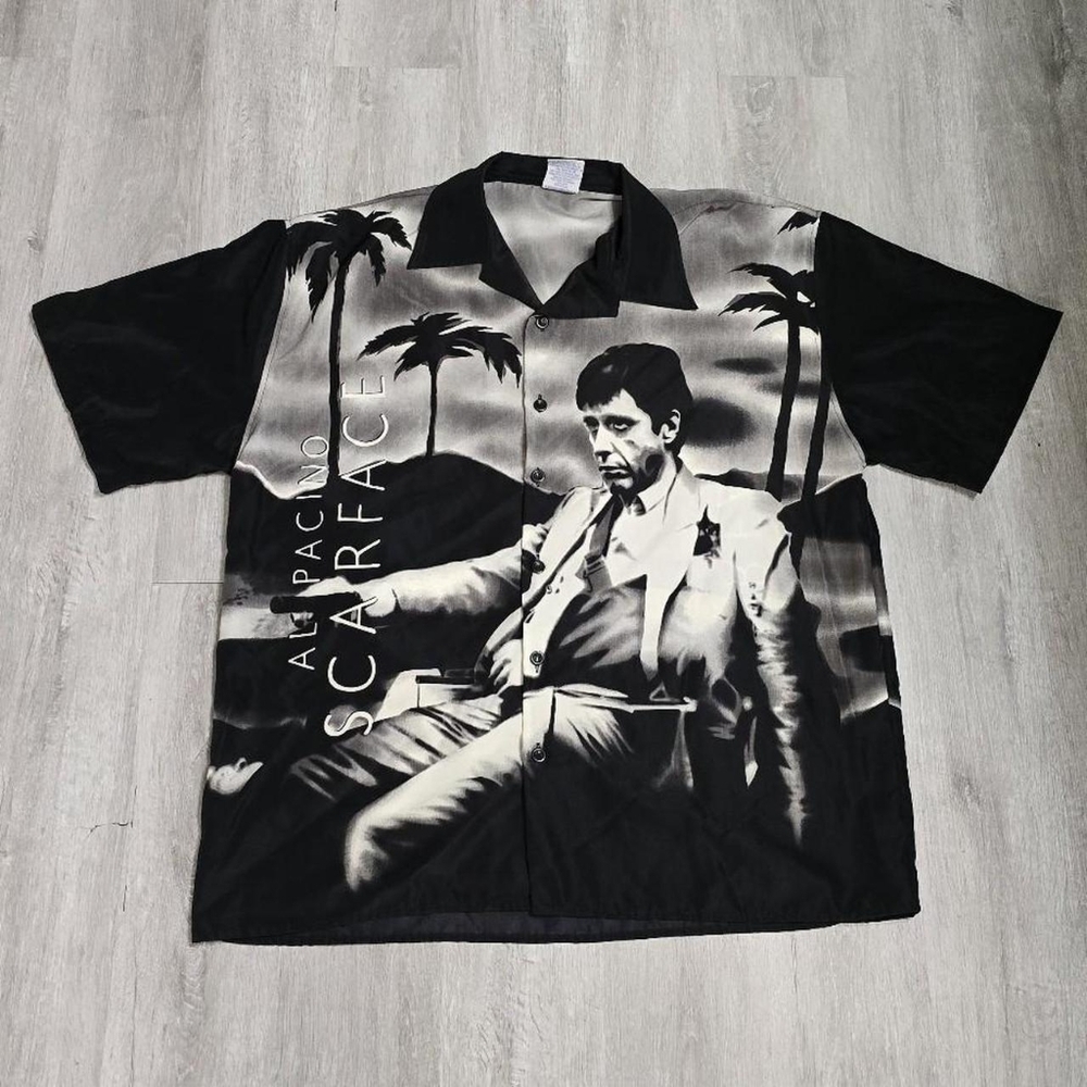 Vintage Scarface Hawaiian Shirt Mens XL Black All Over Print Al Pacino Movie 90s